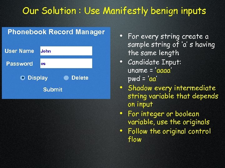 Our Solution : Use Manifestly benign inputs Phonebook Record Manager User Name Password •