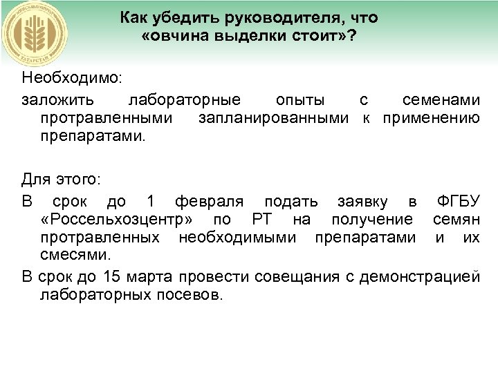 Как убедить руководителя, что «овчина выделки стоит» ? Необходимо: заложить лабораторные опыты с семенами