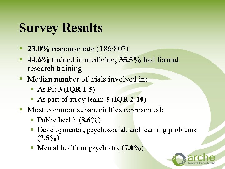 Survey Results § 23. 0% response rate (186/807) § 44. 6% trained in medicine;