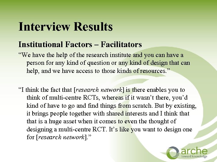 Interview Results Institutional Factors – Facilitators “We have the help of the research institute