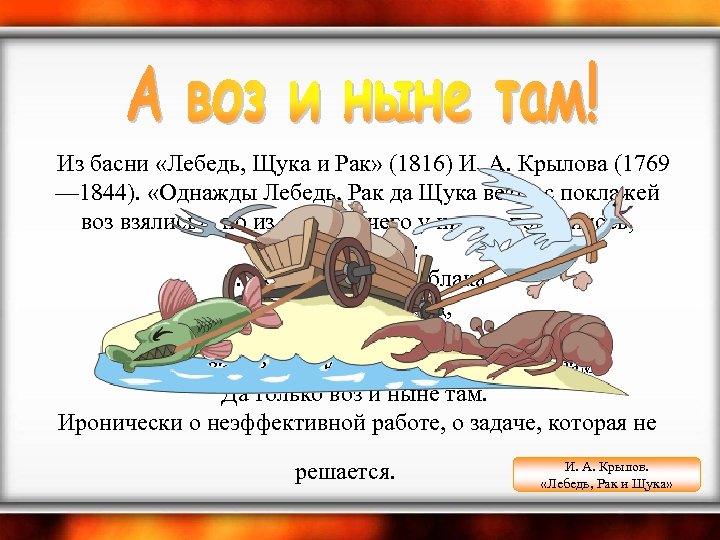  Из басни «Лебедь, Щука и Рак» (1816) И. А. Крылова (1769 — 1844).