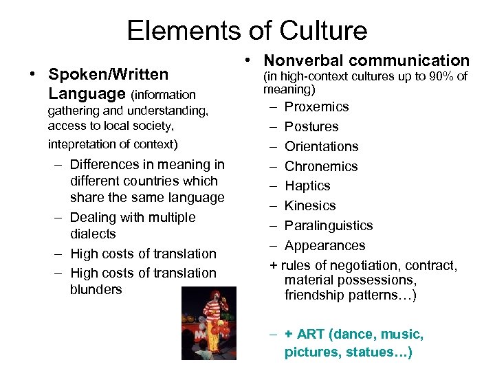 Elements of Culture • Spoken/Written Language (information gathering and understanding, access to local society,