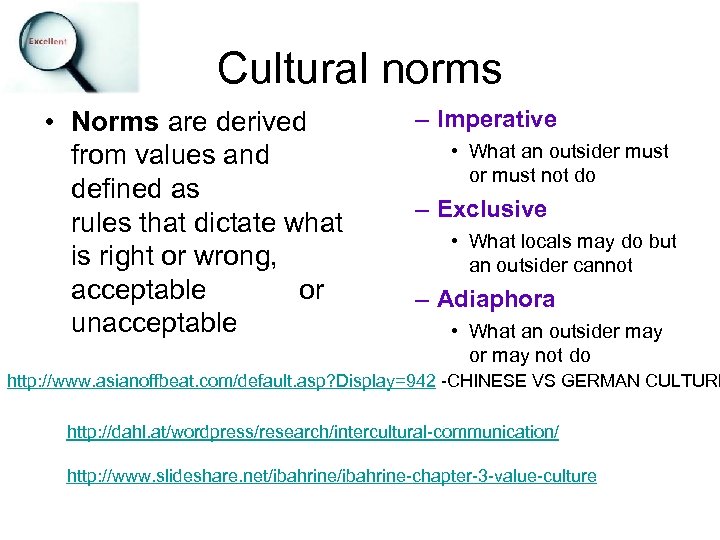 Cultural norms • Norms are derived from values and defined as rules that dictate