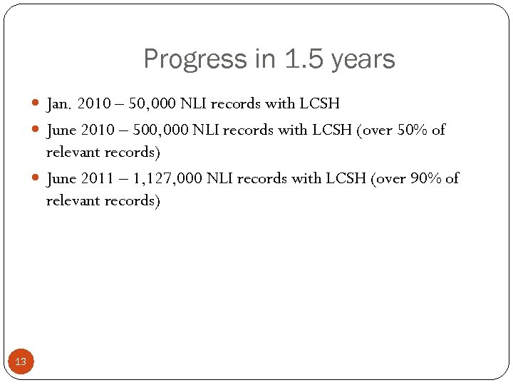 Progress in 1. 5 years Jan. 2010 – 50, 000 NLI records with LCSH