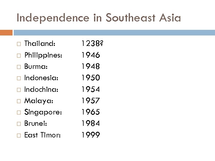 Independence in Southeast Asia Thailand: Philippines: Burma: Indonesia: Indochina: Malaya: Singapore: Brunei: East Timor: