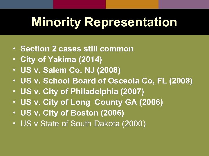 Minority Representation • • Section 2 cases still common City of Yakima (2014) US