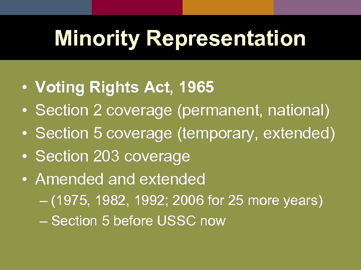 Minority Representation • • • Voting Rights Act, 1965 Section 2 coverage (permanent, national)