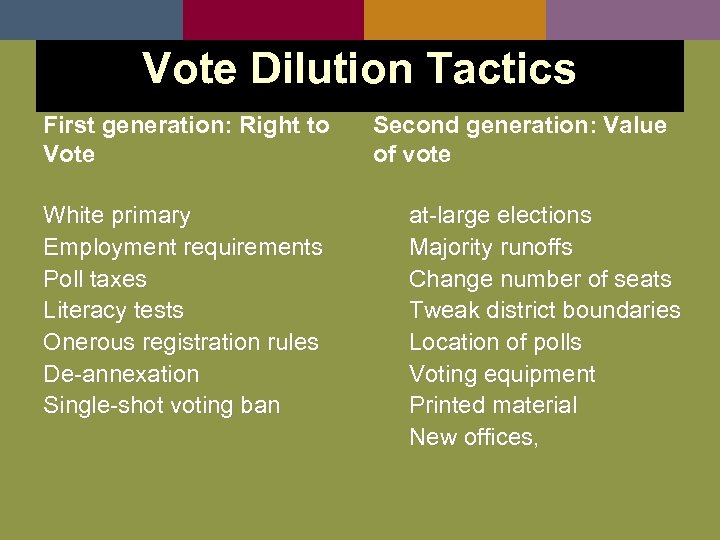 Vote Dilution Tactics First generation: Right to Vote White primary Employment requirements Poll taxes