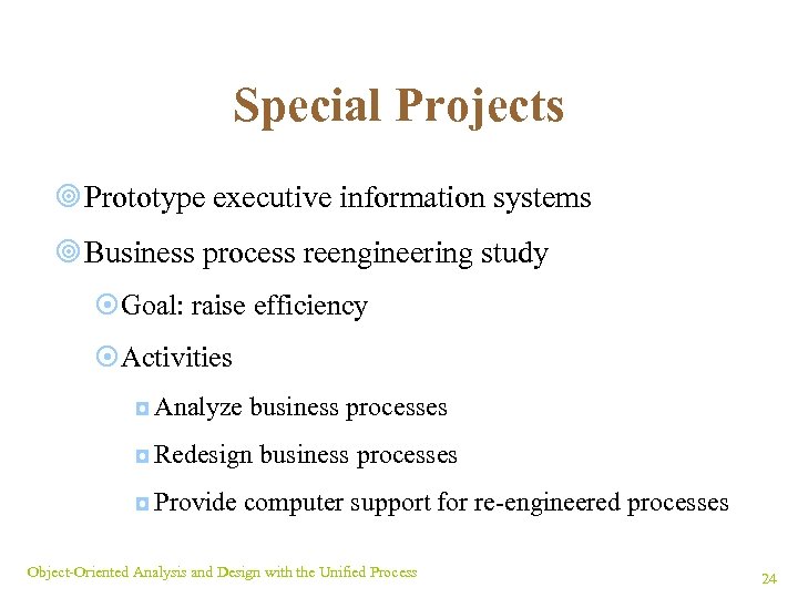 Special Projects ¥ Prototype executive information systems ¥ Business process reengineering study ¤Goal: raise