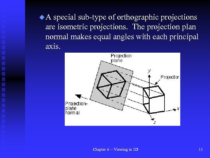 u A special sub-type of orthographic projections are isometric projections. The projection plan normal