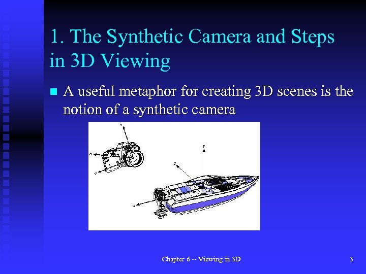 1. The Synthetic Camera and Steps in 3 D Viewing n A useful metaphor