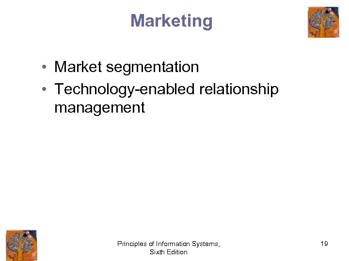 Marketing • Market segmentation • Technology-enabled relationship management Principles of Information Systems, Sixth Edition