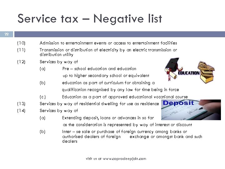 Service tax – Negative list 22 (10) (11) (12) (13) (14) Admission to entertainment