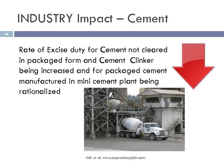 INDUSTRY Impact – Cement 46 Rate of Excise duty for Cement not cleared in