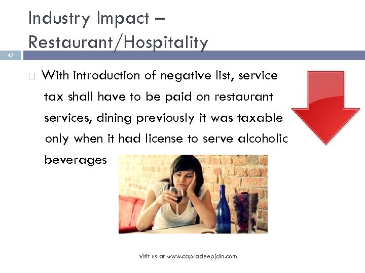 47 Industry Impact – Restaurant/Hospitality With introduction of negative list, service tax shall have