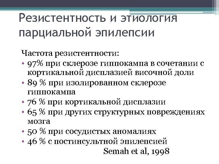 Резистентность и этиология парциальной эпилепсии Частота резистентности: • 97% при склерозе гиппокампа в сочетании