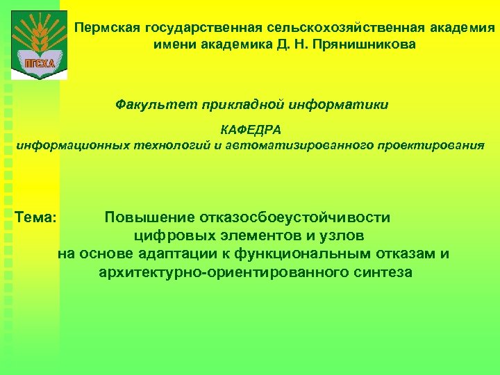 Пермская государственная сельскохозяйственная академия имени академика Д. Н. Прянишникова Факультет прикладной информатики КАФЕДРА информационных