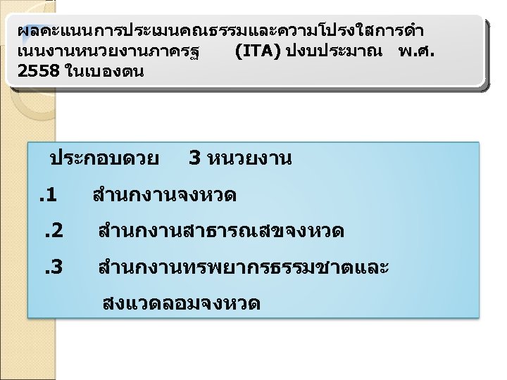 ผลคะแนนการประเมนคณธรรมและความโปรงใสการดำ เนนงานหนวยงานภาครฐ (ITA) ปงบประมาณ พ. ศ. 2558 ในเบองตน ประกอบดวย 3 หนวยงาน . 1 สำนกงานจงหวด