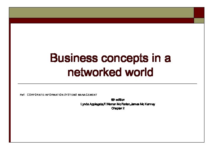 Business concepts in a networked world Ref: CORPORATE INFORMATION SYSTEMS MANAGEMENT 6 th edition