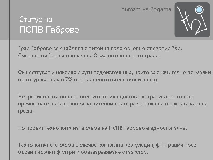 Статус на ПСПВ Габрово Град Габрово се снабдява с питейна вода основно от язовир