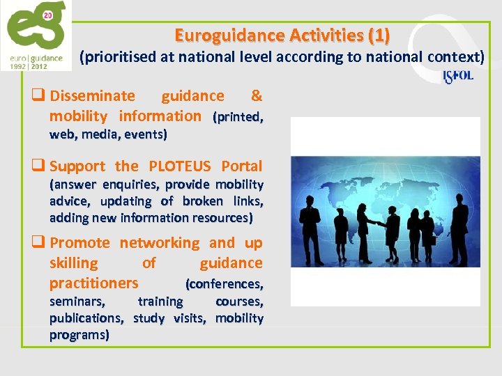 Euroguidance Activities (1) (prioritised at national level according to national context) q Disseminate guidance