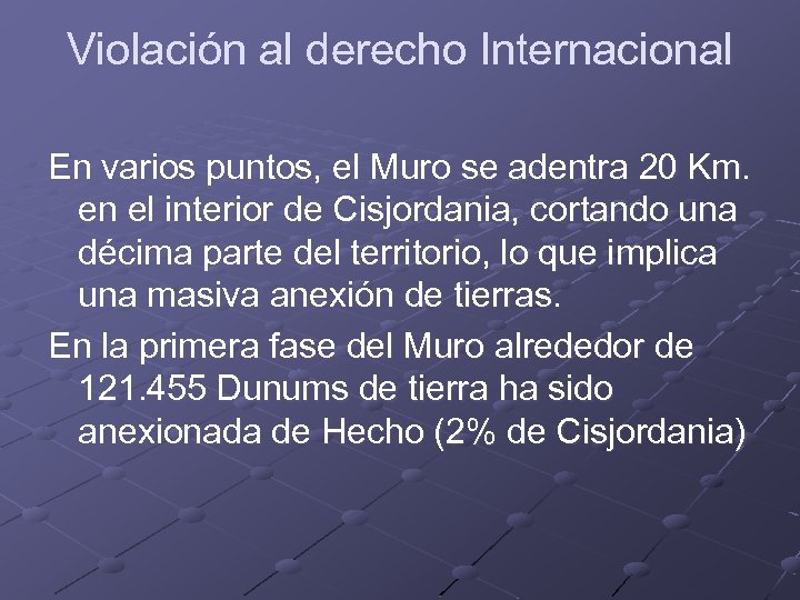 Violación al derecho Internacional En varios puntos, el Muro se adentra 20 Km. en