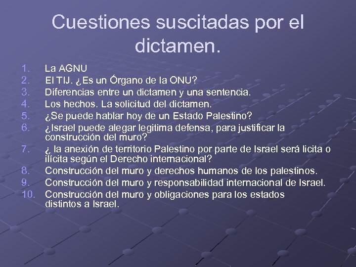 Cuestiones suscitadas por el dictamen. 1. 2. 3. 4. 5. 6. La AGNU El