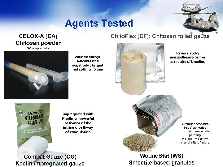 Agents Tested CELOX-A (CA) Chitosan powder Chito. Flex (CF): Chitosan rolled gauze “A” =