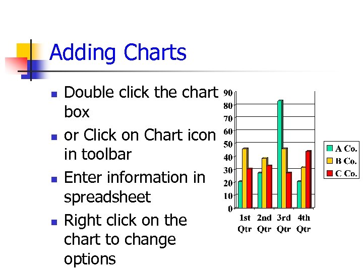 Adding Charts n n Double click the chart box or Click on Chart icon