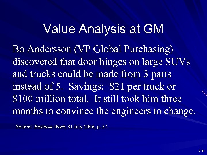 Value Analysis at GM Bo Andersson (VP Global Purchasing) discovered that door hinges on