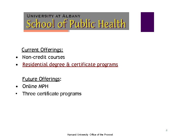 Current Offerings: • Non-credit courses • Residential degree & certificate programs Future Offerings: •