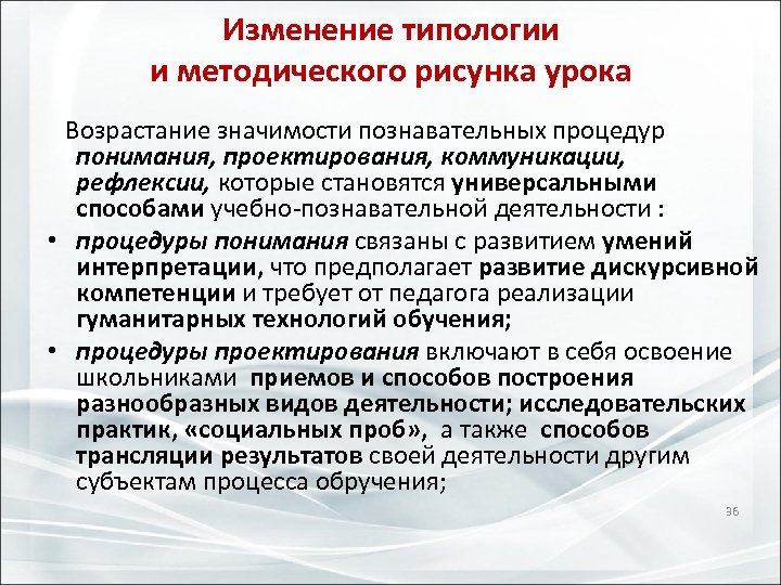 Изменение типологии и методического рисунка урока Возрастание значимости познавательных процедур понимания, проектирования, коммуникации, рефлексии,