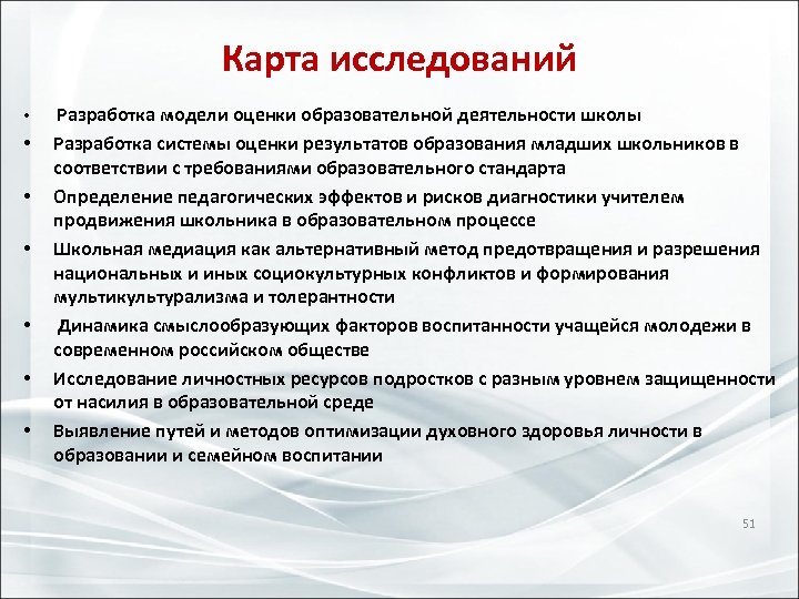 Карта исследований • Разработка модели оценки образовательной деятельности школы • Разработка системы оценки результатов