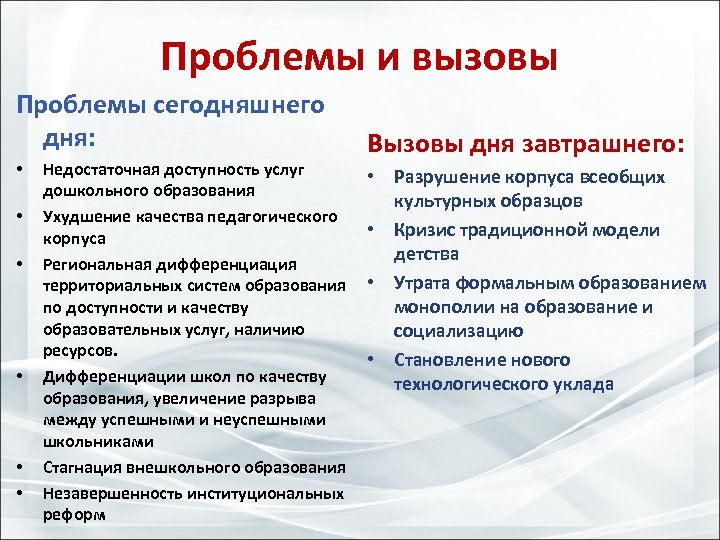 Проблемы и вызовы Проблемы сегодняшнего дня: • • • Недостаточная доступность услуг дошкольного образования