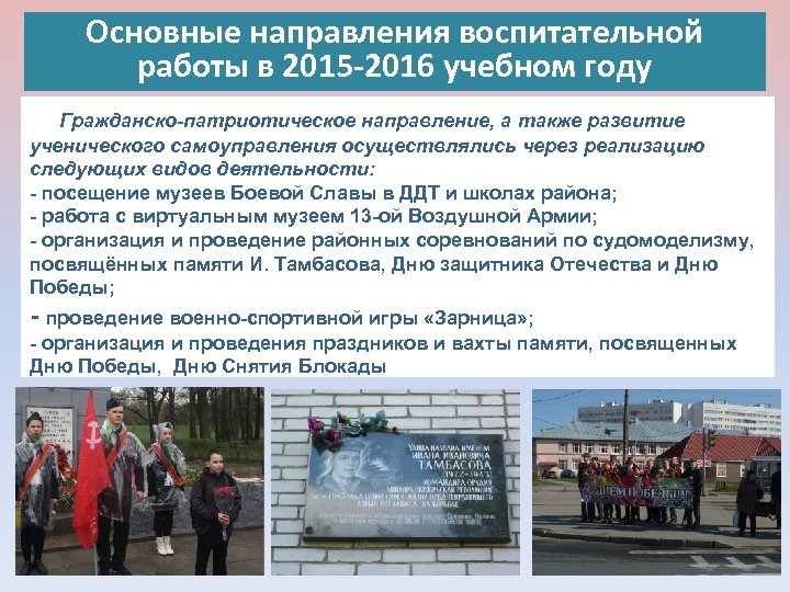 Основные направления воспитательной работы в 2015 -2016 учебном году Гражданско-патриотическое направление, а также развитие