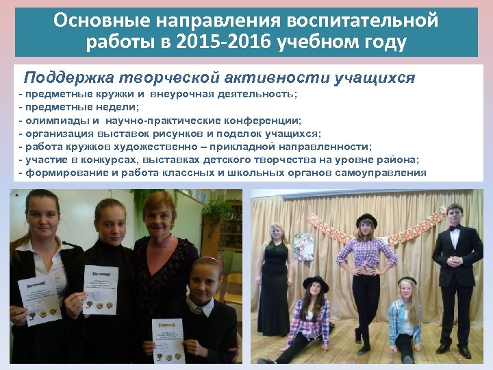Основные направления воспитательной работы в 2015 -2016 учебном году Поддержка творческой активности учащихся -