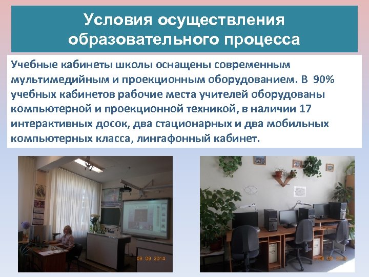 Условия осуществления образовательного процесса Учебные кабинеты школы оснащены современным мультимедийным и проекционным оборудованием. В