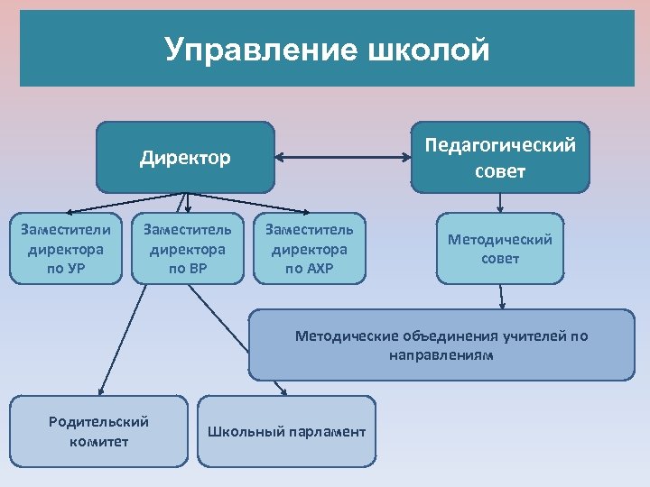 Управление школой Педагогический совет Директор Заместители директора по УР Заместитель директора по ВР Заместитель