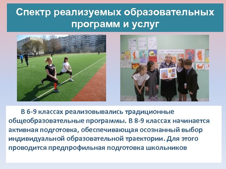 Спектр реализуемых образовательных программ и услуг В 6 -9 классах реализовывались традиционные общеобразовательные программы.