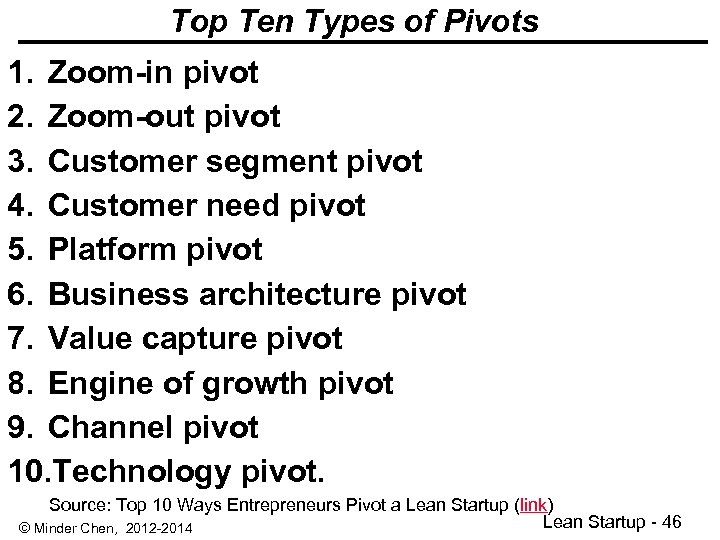 Top Ten Types of Pivots 1. Zoom-in pivot 2. Zoom-out pivot 3. Customer segment