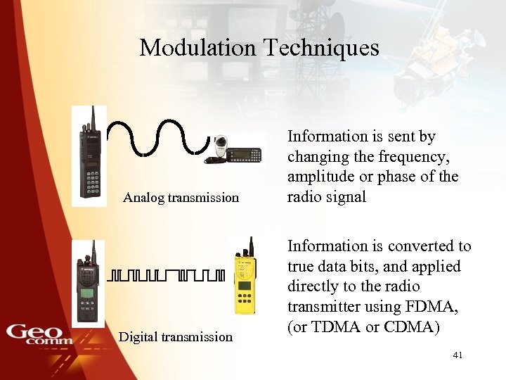 Modulation Techniques Analog transmission Digital transmission Information is sent by changing the frequency, amplitude