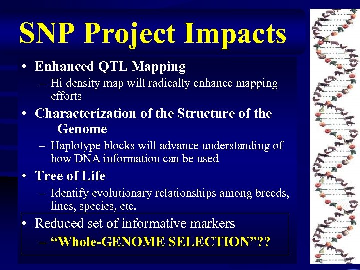 SNP Project Impacts • Enhanced QTL Mapping – Hi density map will radically enhance