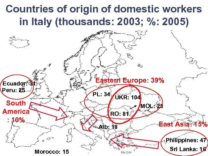 Countries of origin of domestic workers in Italy (thousands: 2003; %: 2005) Ecuador: 31