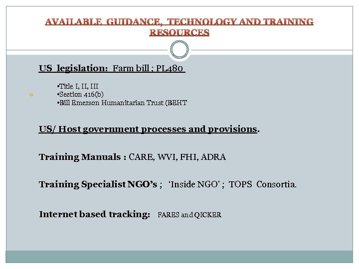 US legislation: Farm bill ; PL 480 • Title I, III • Section 416(b)