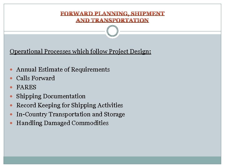 Operational Processes which follow Project Design: Annual Estimate of Requirements Calls Forward FARES Shipping