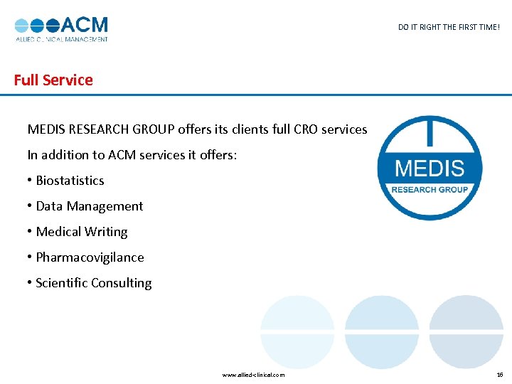 DO IT RIGHT THE FIRST TIME! Full Service MEDIS RESEARCH GROUP offers its clients