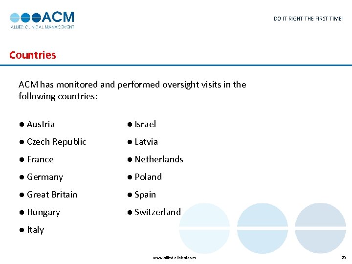 DO IT RIGHT THE FIRST TIME! Countries ACM has monitored and performed oversight visits