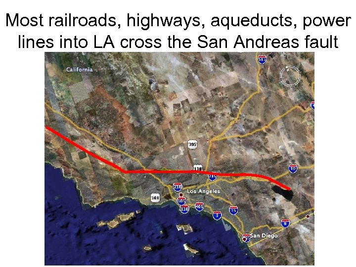 Most railroads, highways, aqueducts, power lines into LA cross the San Andreas fault 