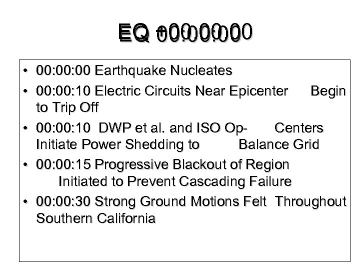 EQ +00: 00: 00 • 00: 00 Earthquake Nucleates • 00: 10 Electric Circuits