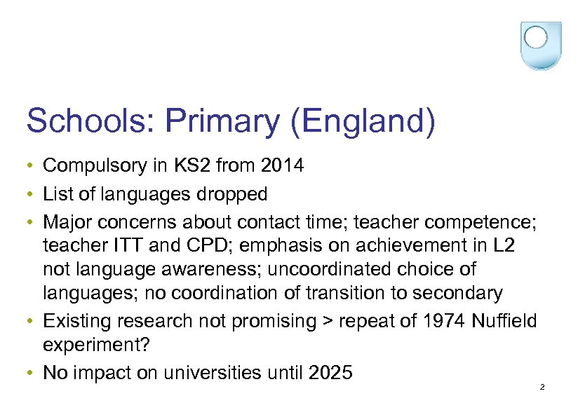Schools: Primary (England) • Compulsory in KS 2 from 2014 • List of languages